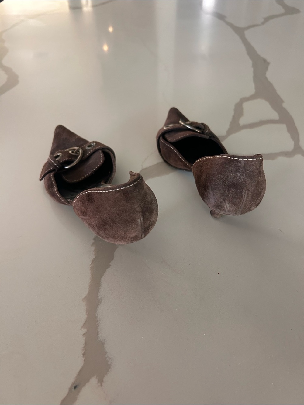 Prada Chocolate Brown Suede Pointed Buckle Heels - Picture 2 of 3